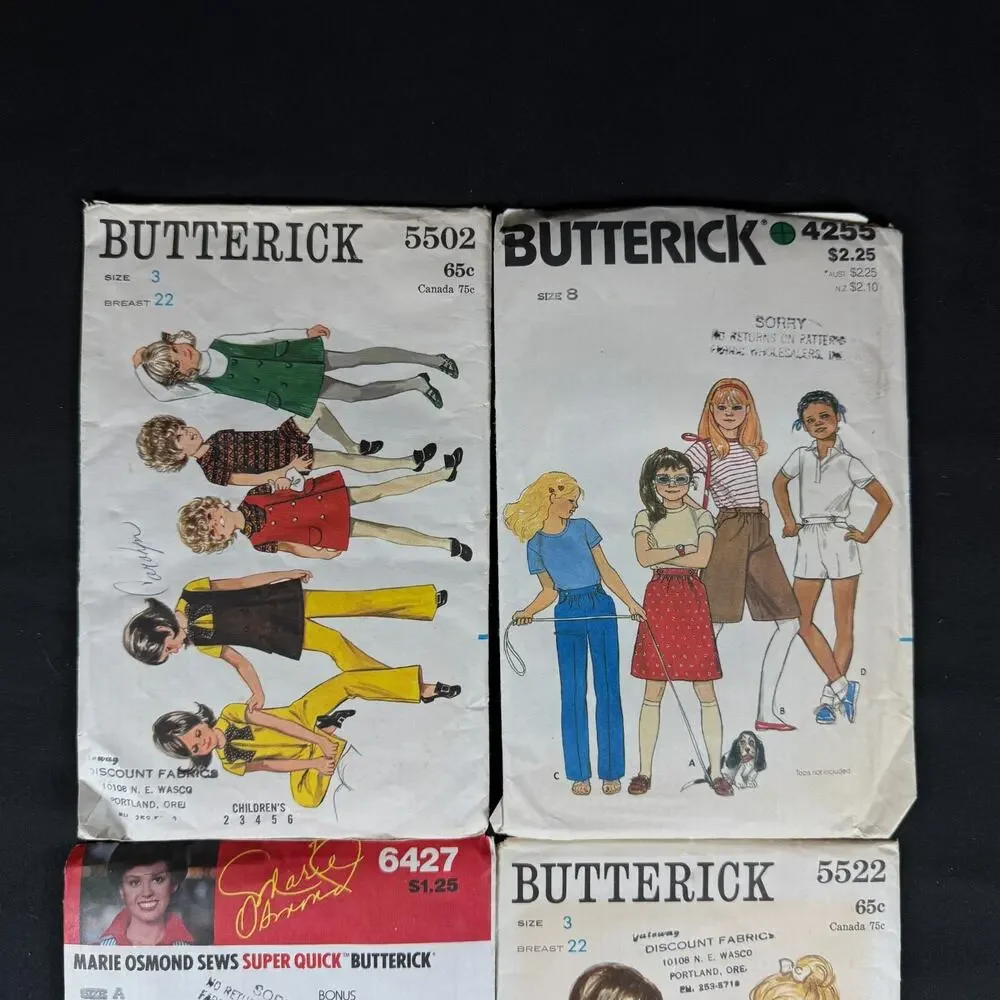 Lot of 4 Butterick Children's Easy Sewing Patterns 1970s Vintage